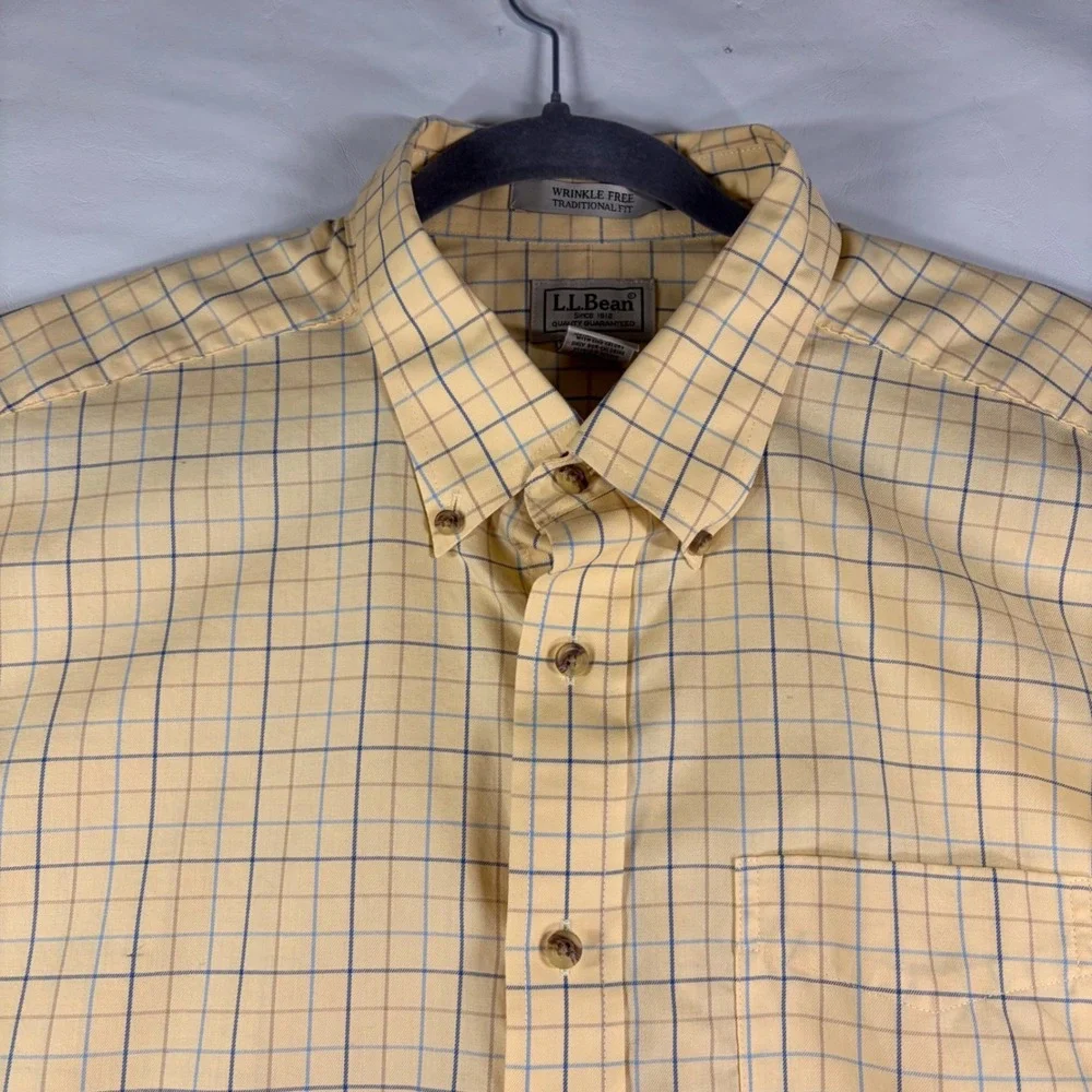 LL Bean Mens XL Yellow Plaid Wrinkle Resist Button Down Shirt Traditional Fit